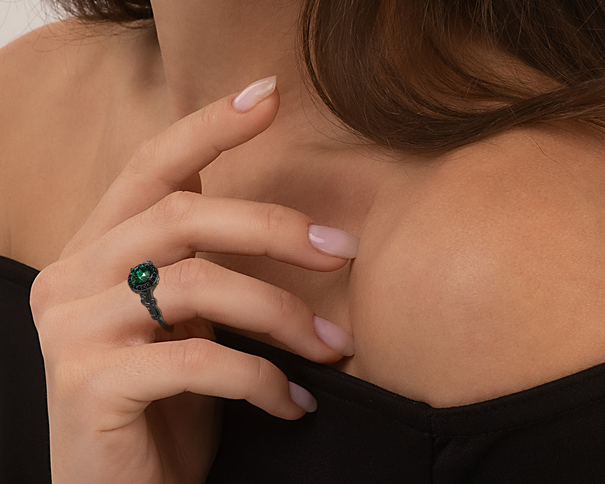 Black Gold Emerald Floral Engagement Ring