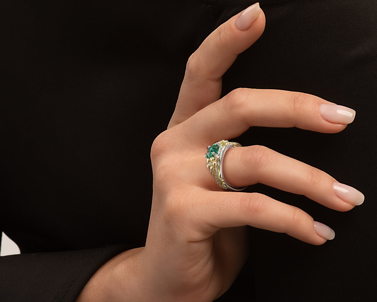 Two Tone Flower Emerald Engagement Ring