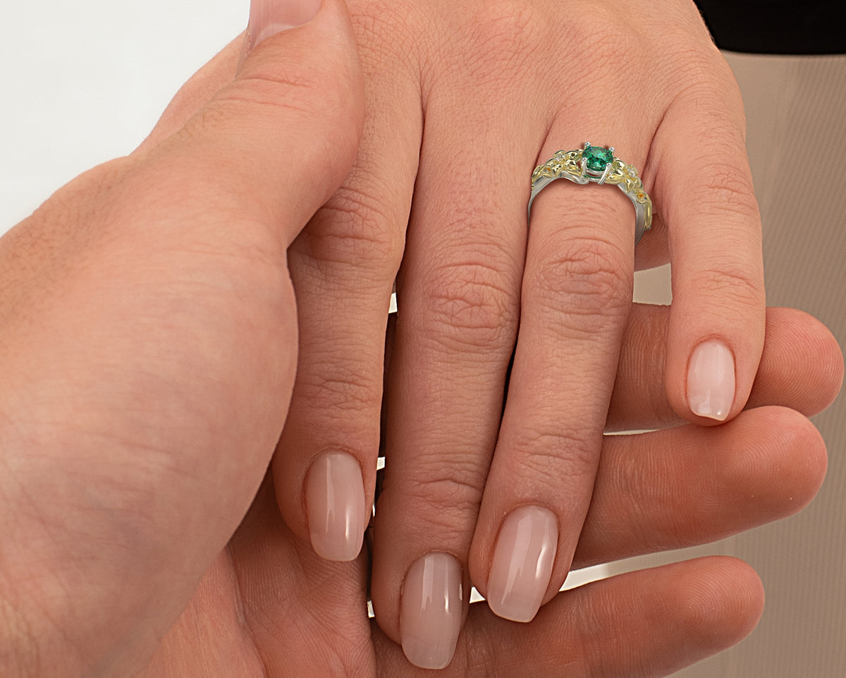 Two Tone Floral Emerald Engagement Ring