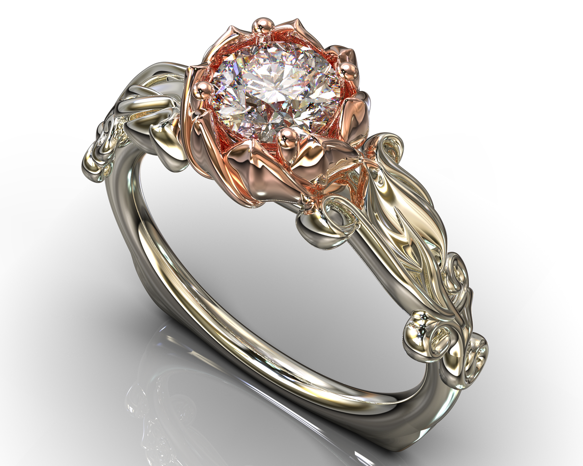 Flower Shaped Two Tone Gold Solitaire Engagement Ring