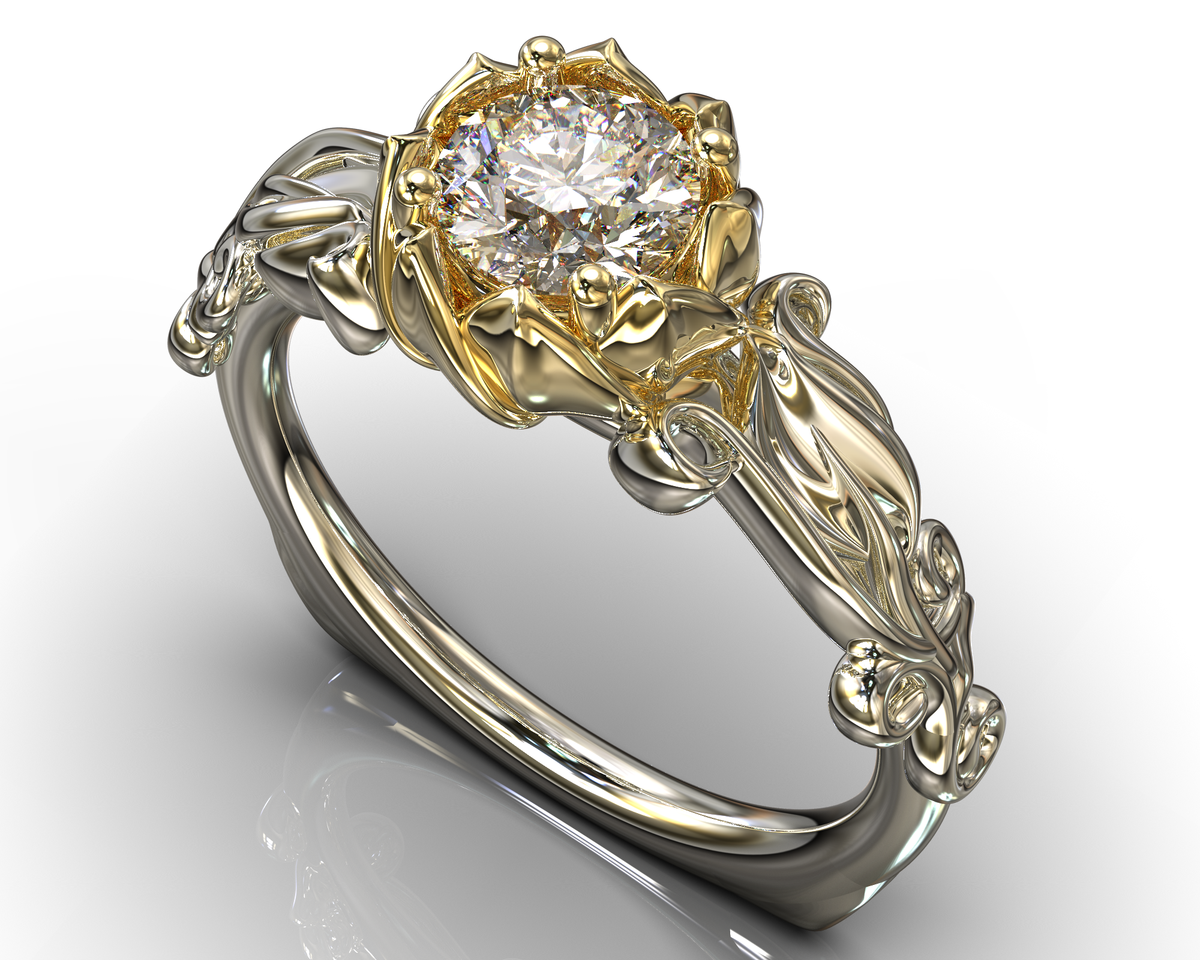Lotus Flower Two Tone Gold Solitaire Engagement Ring