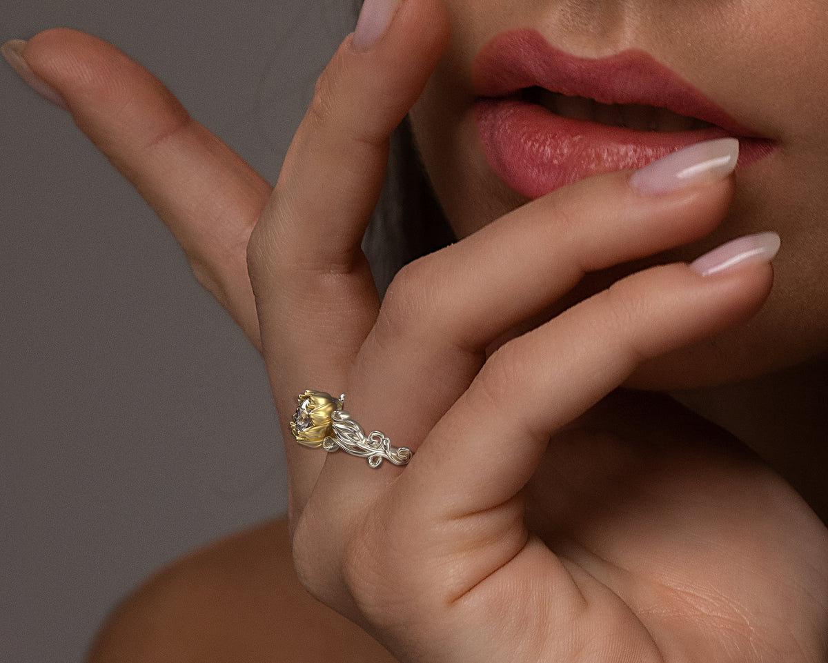 Lotus Flower Two Tone Gold Solitaire Engagement Ring