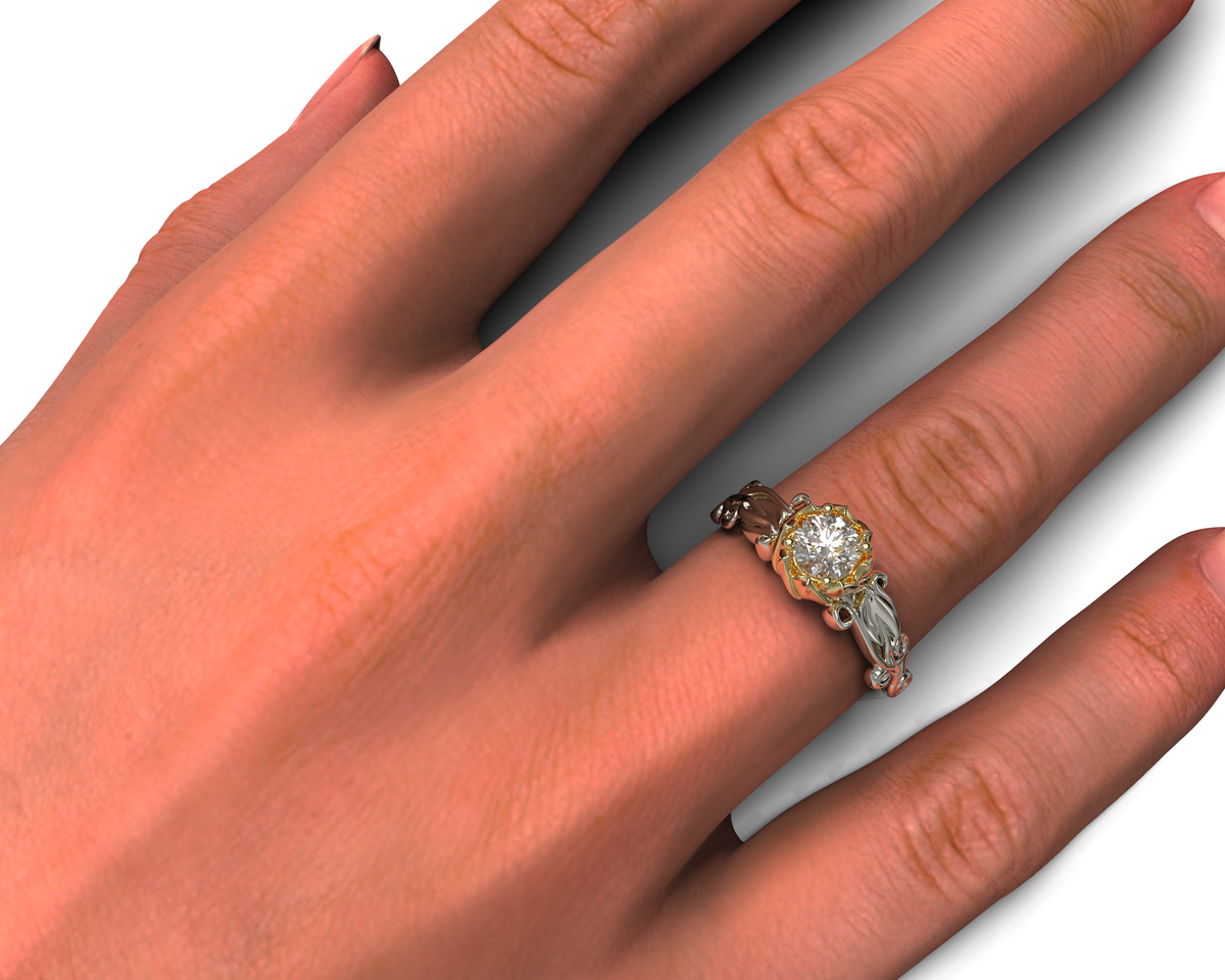 Lotus Flower Two Tone Gold Solitaire Engagement Ring