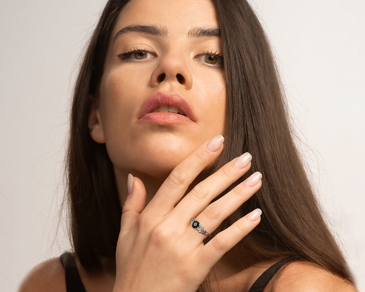 Black Diamond Three Tone Gold Flower Engagement Ring