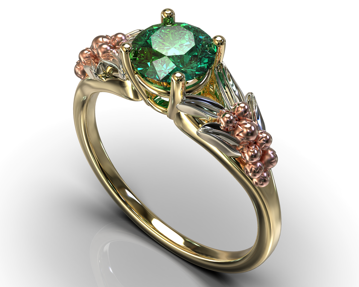 Three Tone Emerald Flower Engagement Ring