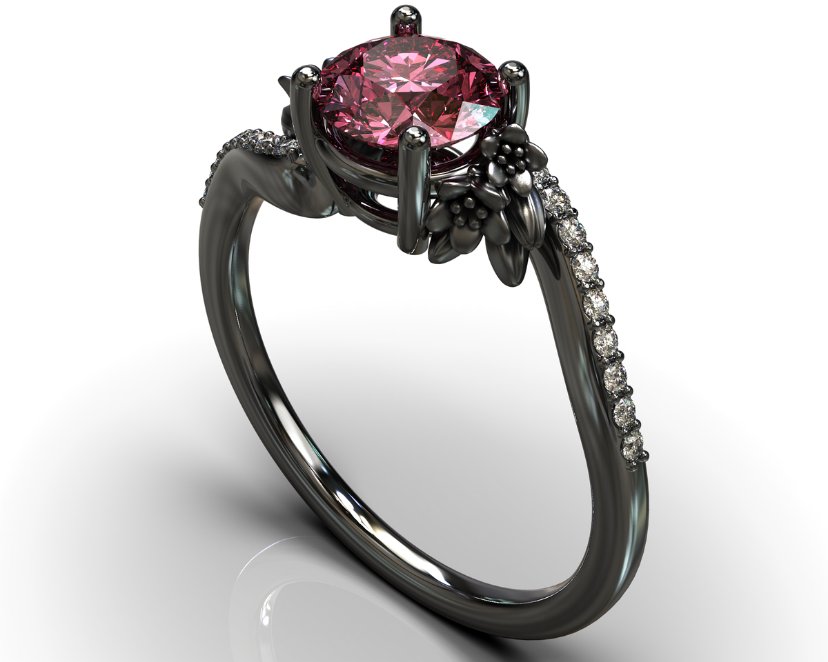 Pink Sapphire Black Gold Flower Engagement Ring