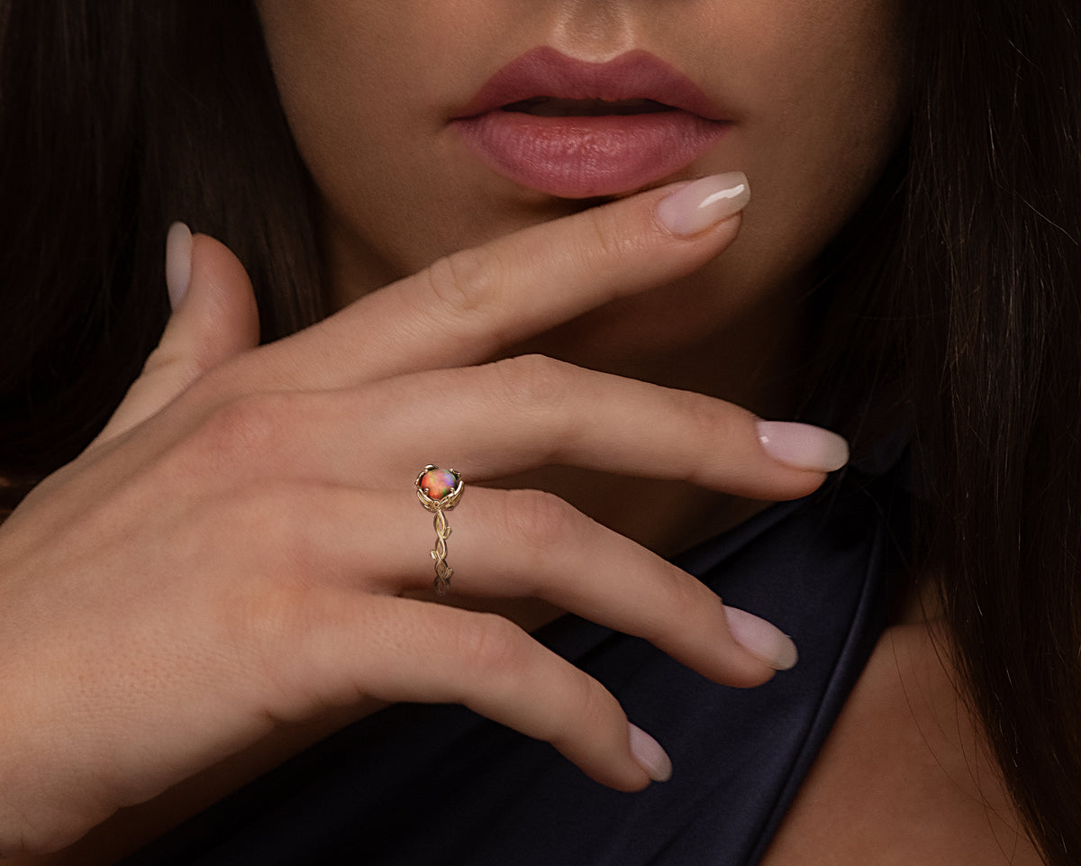Unique Opal Flower Engagement Ring With Leaves