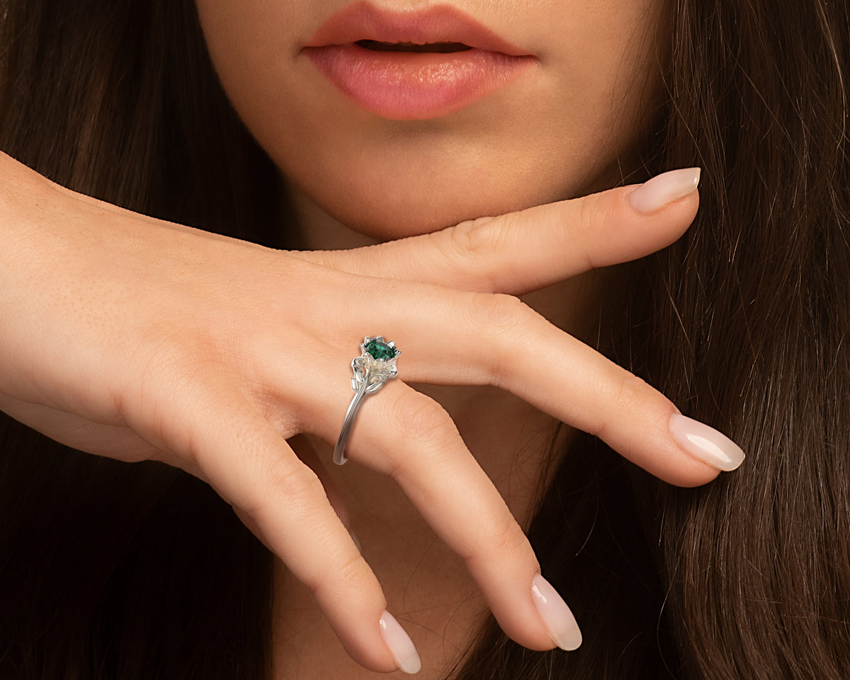 Unique Floral Emerald Engagement Ring