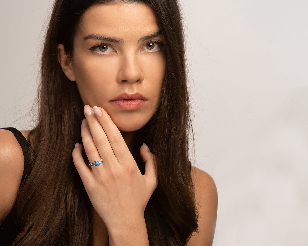 Blue Diamond Flower Engagement Ring With Leaves