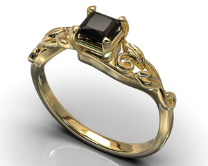 Unique Flower Princess Cut Engagement Ring With Black Diamond