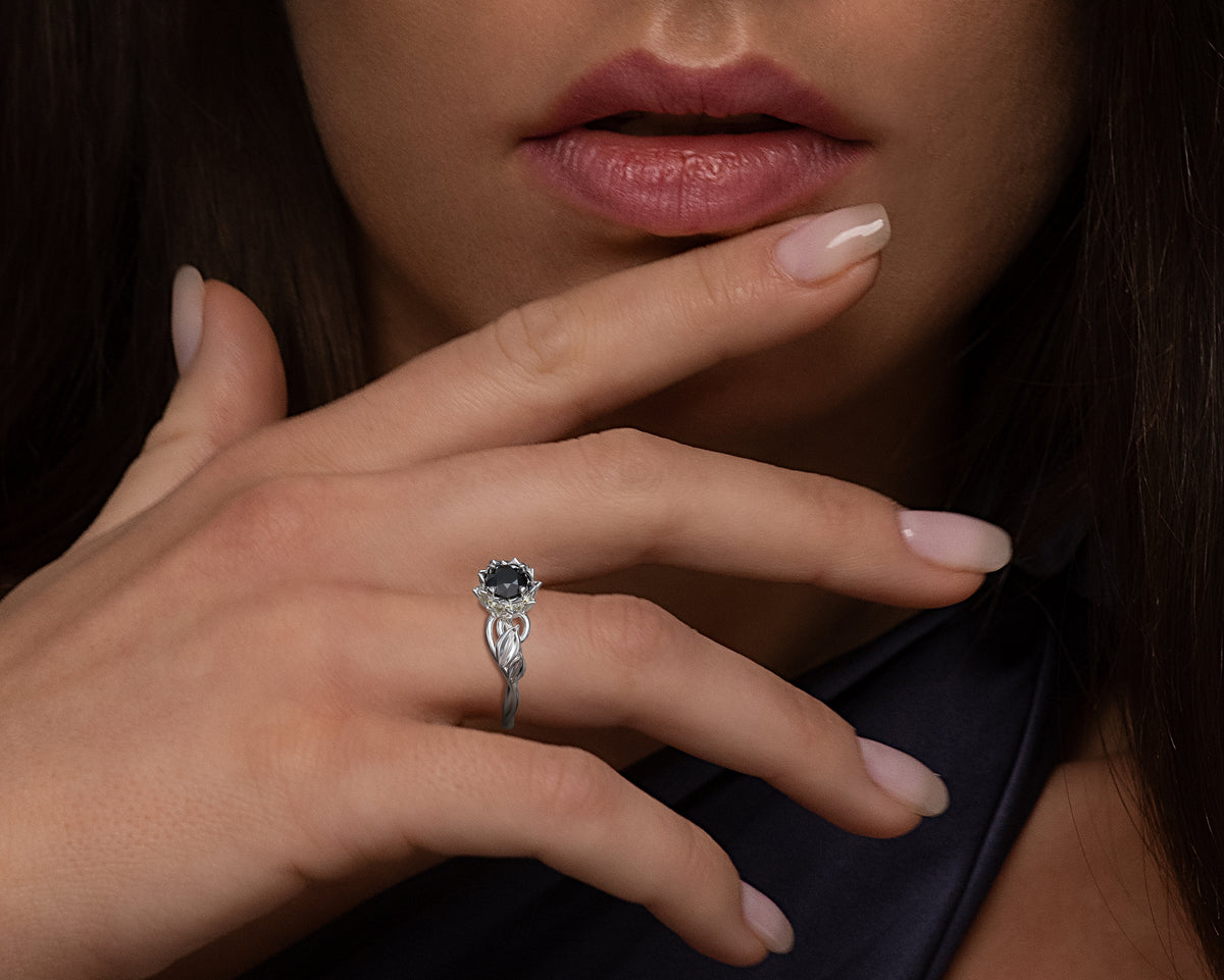 Lotus Floral Black Diamond Engagement Ring With Leaves