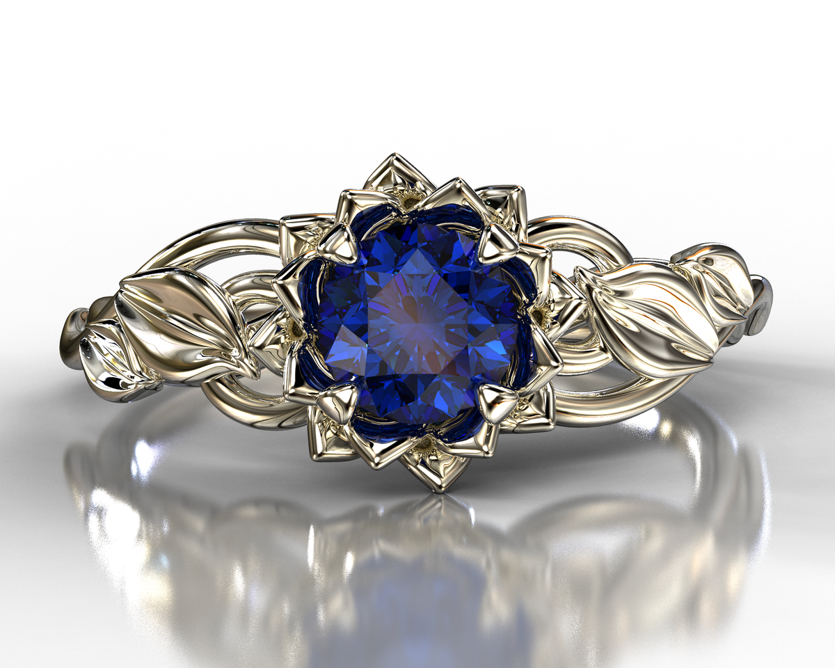 Lotus Flower Blue Sapphire Engagement Ring