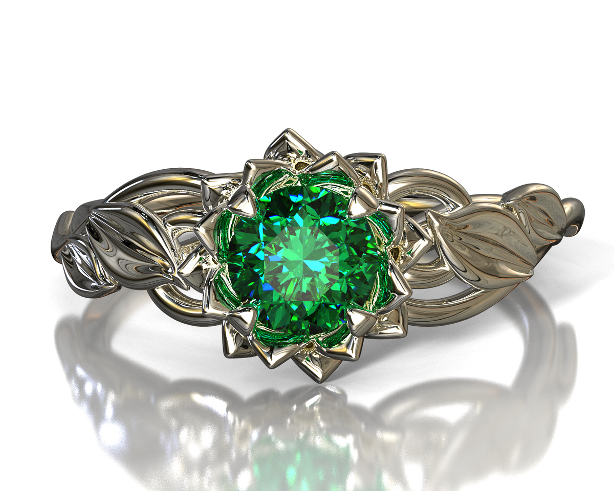 White Gold Lotus Flower Emerald Engagement Ring