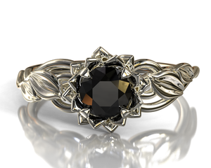 Lotus Floral Black Diamond Engagement Ring With Leaves