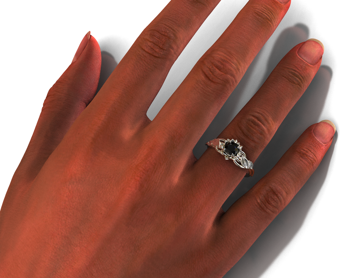 Lotus Floral Black Diamond Engagement Ring With Leaves