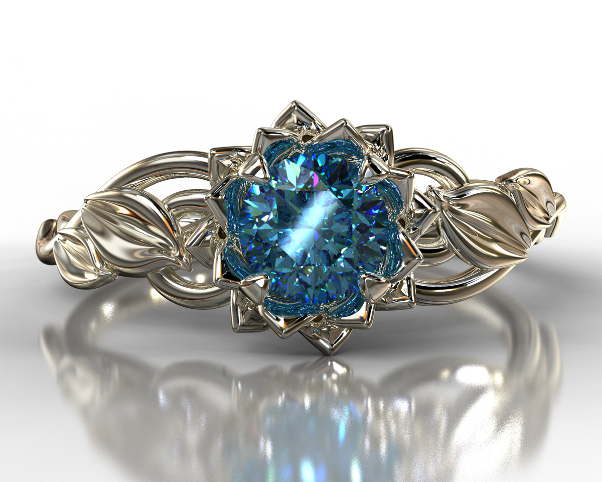 Unique Blue Diamond Lotus Flower Engagement Ring