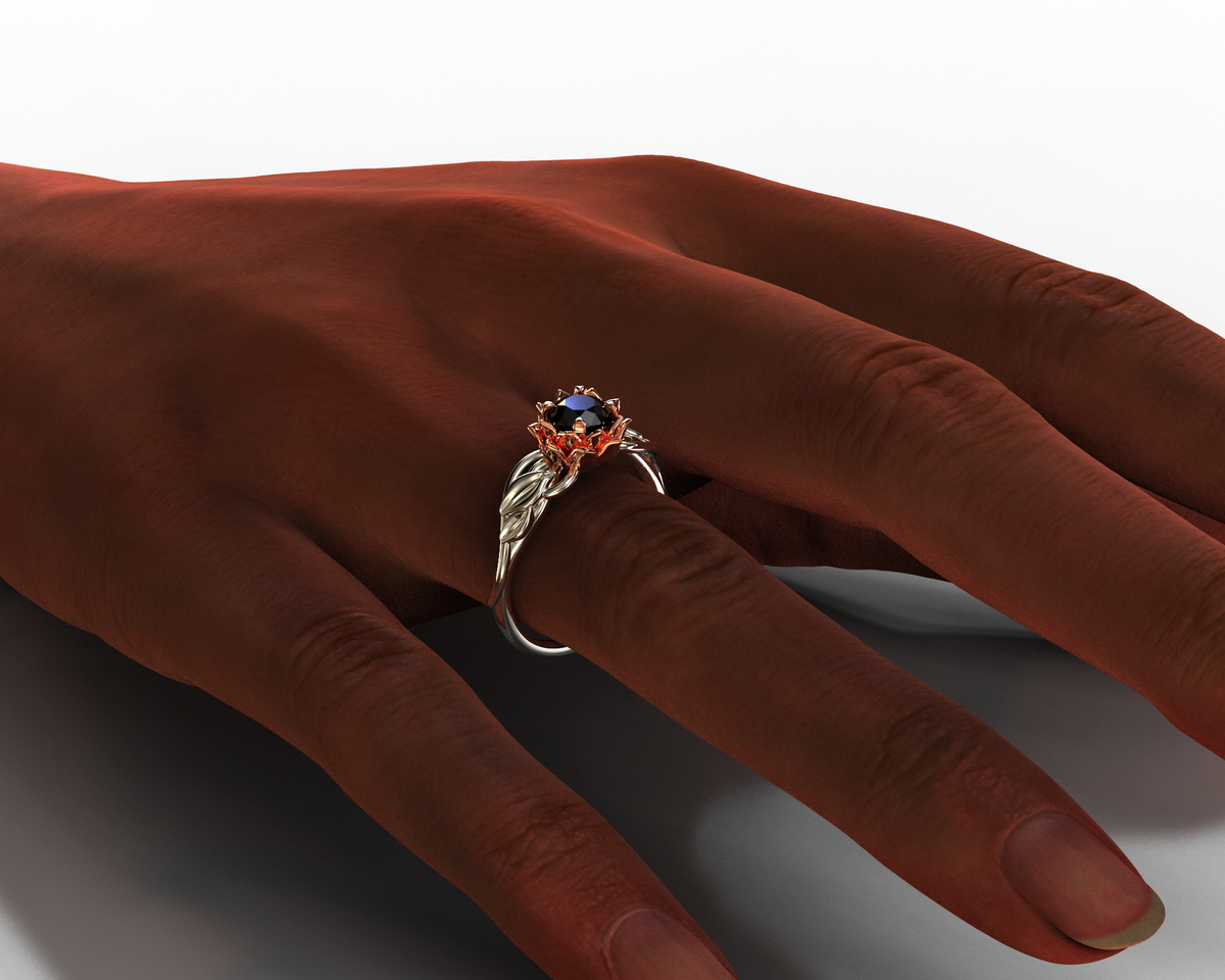 Lotus Flower Black Diamond Engagement Ring