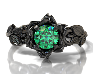 Black Gold Lotus Flower Emerald Engagement Ring