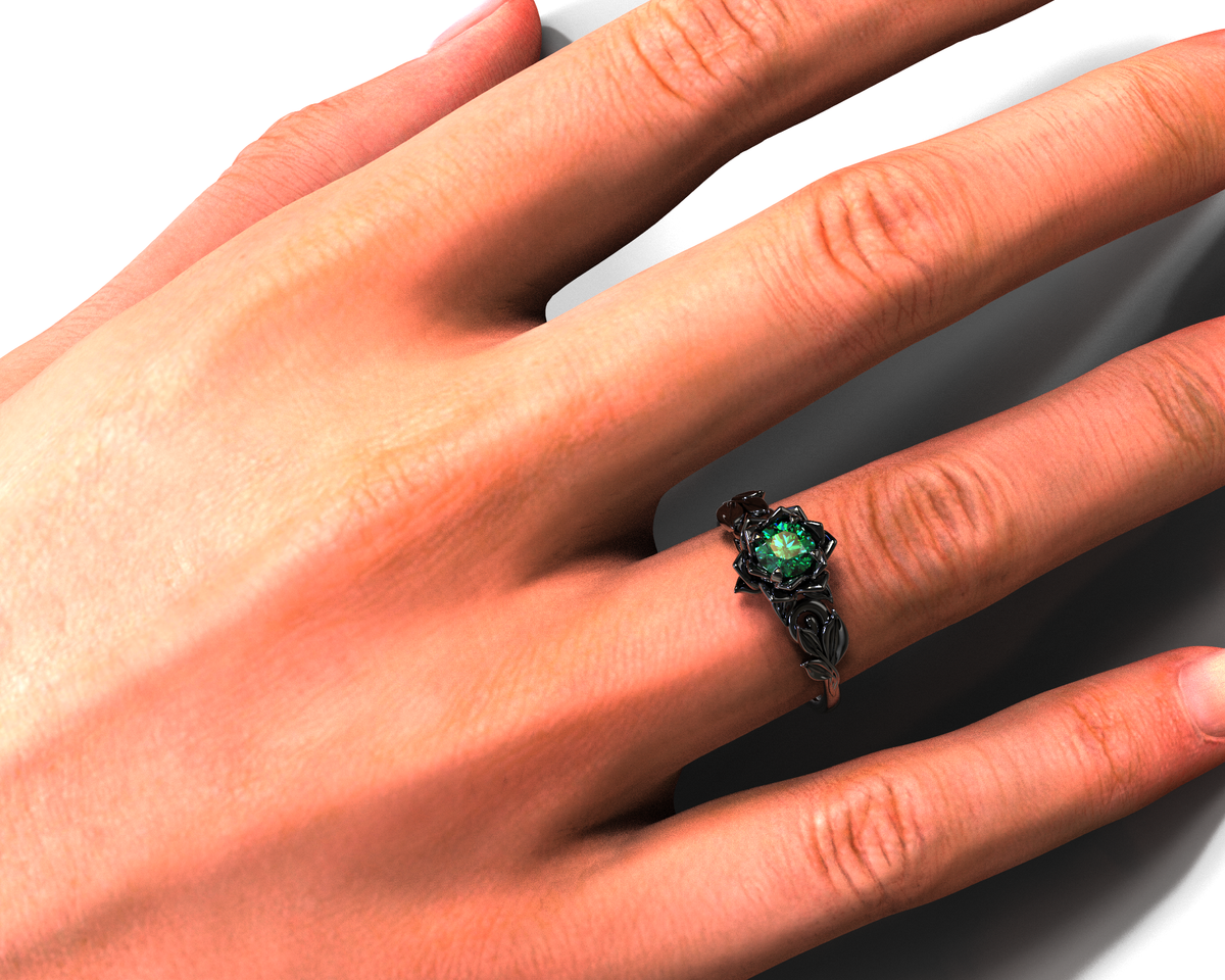 Black Gold Lotus Flower Emerald Engagement Ring