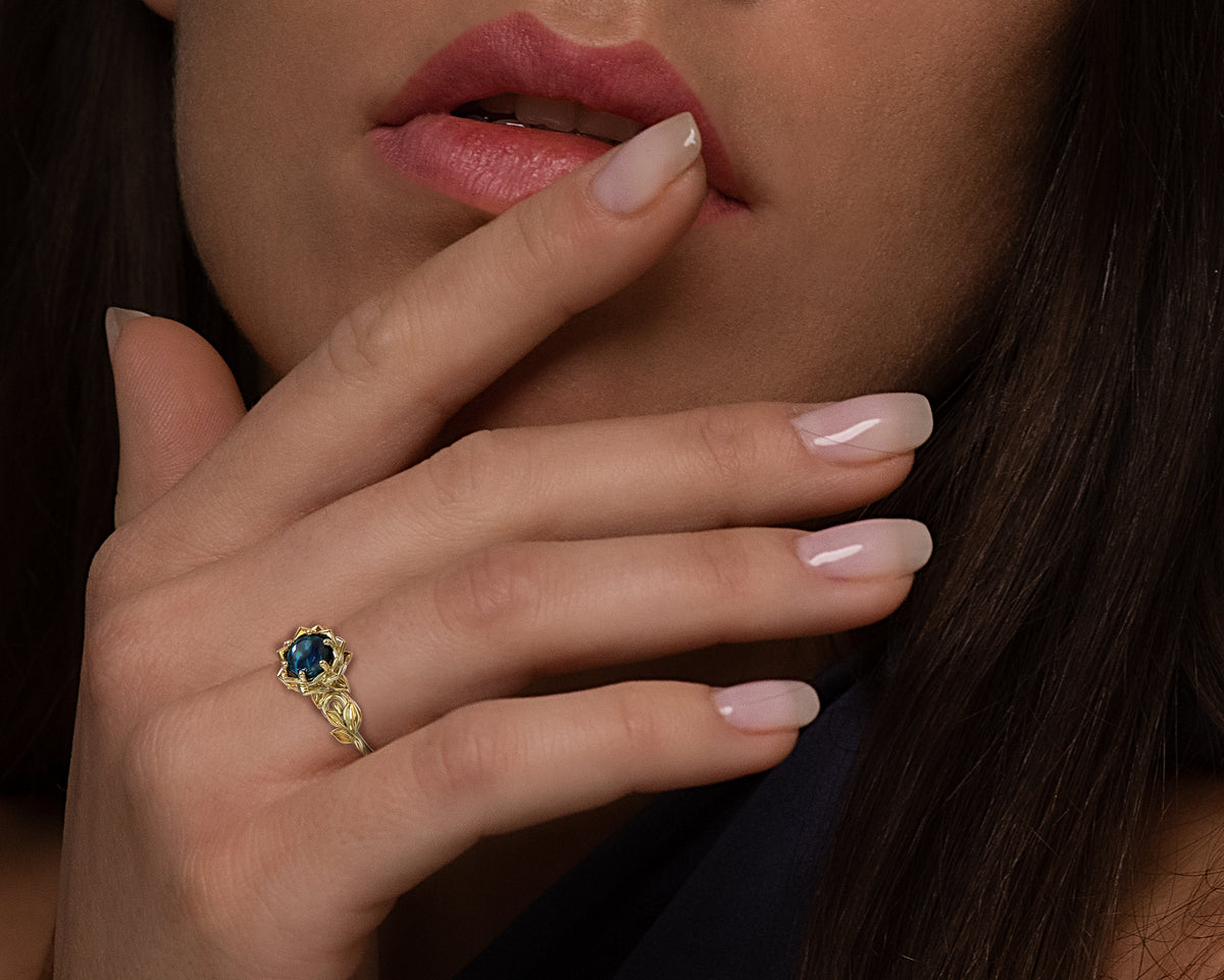 Black Opal Flower Engagement Ring