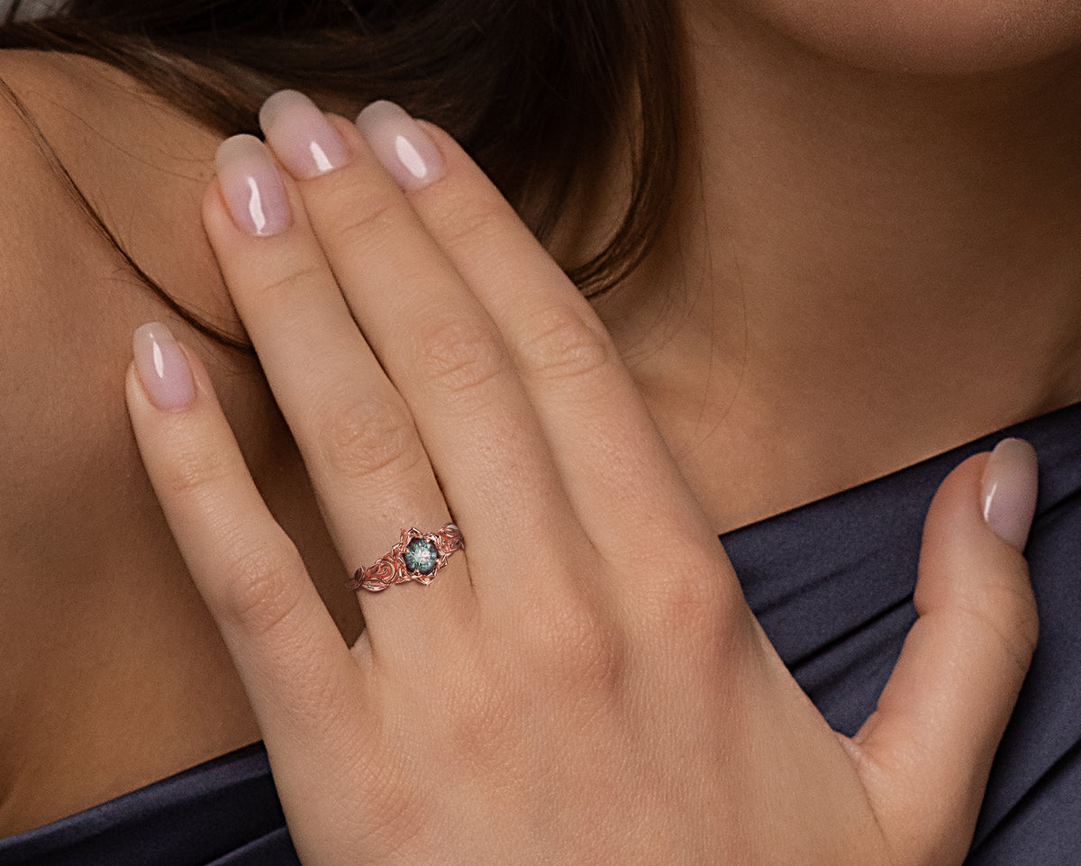 Unique Teal Sapphire Flower Engagement Ring