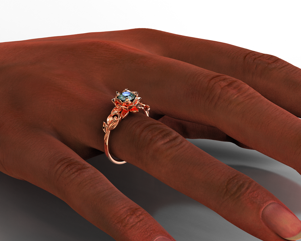 Unique Teal Sapphire Flower Engagement Ring