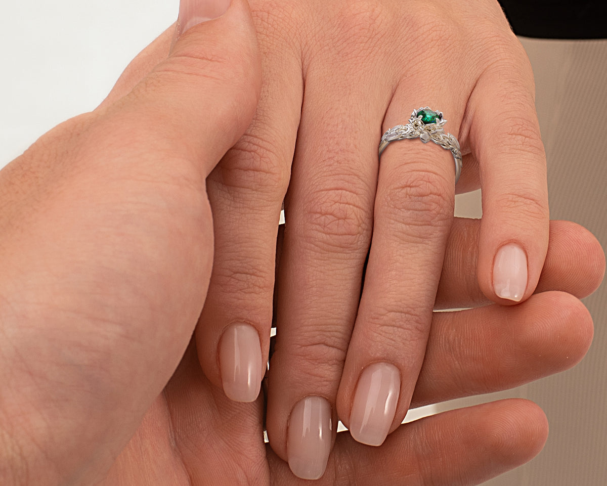 Lotus Flower Emerald Engagement Ring