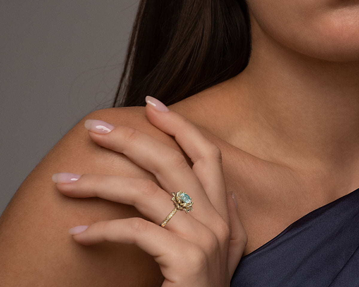 Floral Aquamarine Engagement Ring With Leaves