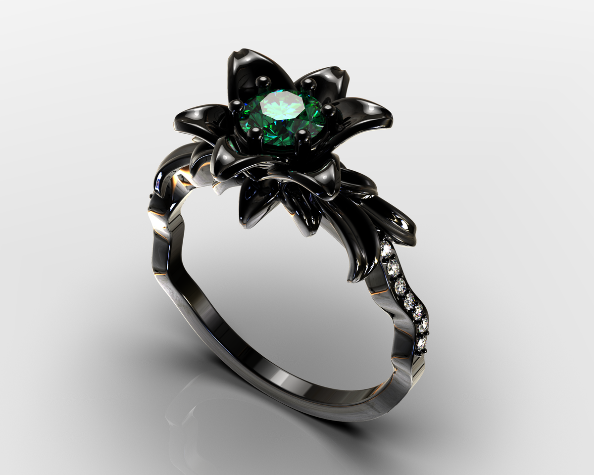Emerald Black Gold Flower Engagement Ring