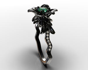 Emerald Black Gold Flower Engagement Ring