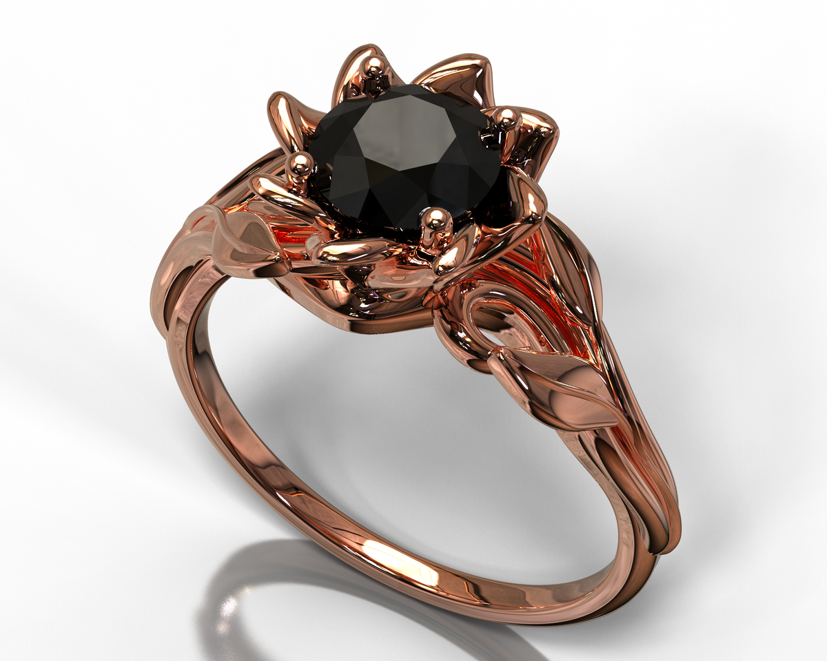 Black Diamond Solitaire Flower Engagement Ring