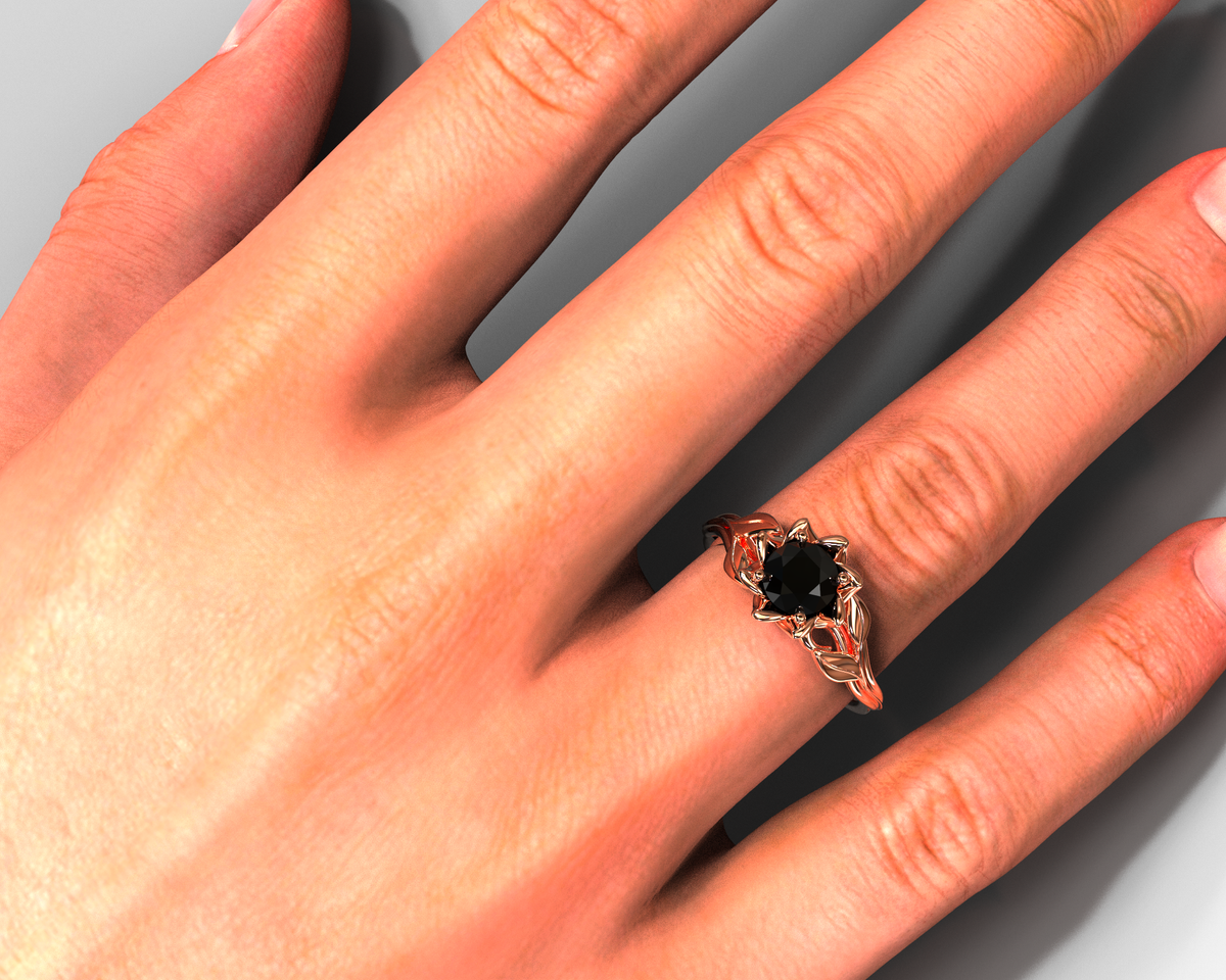 Black Diamond Solitaire Flower Engagement Ring