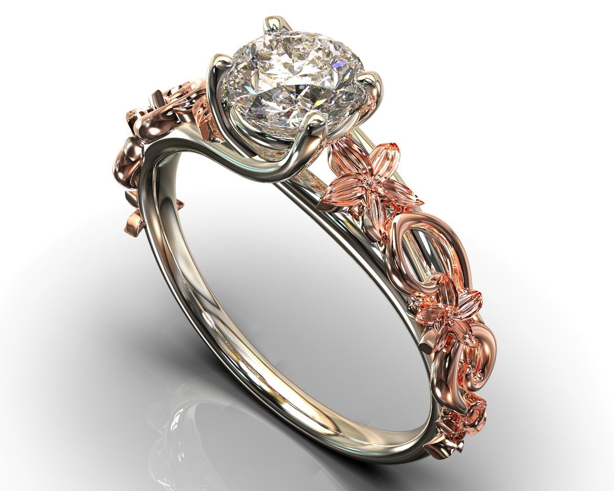 Two Tone Flower Moissanite Engagement Ring