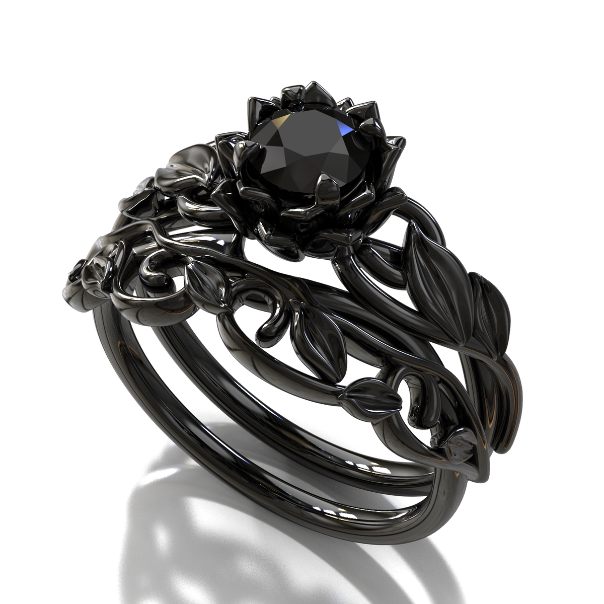 Black Lotus Engagement Ring With Black Diamond