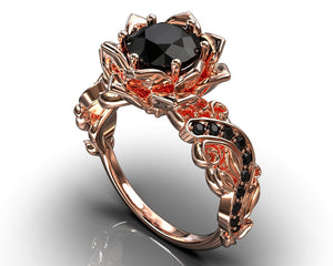 Rose Gold Flower Engagement Ring with Black Diamond