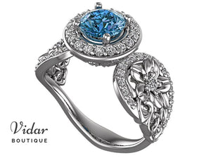 Blue Diamond Flower Engagement Ring