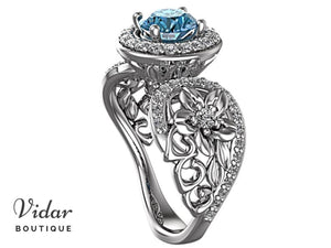 Blue Diamond Flower Engagement Ring