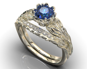 Flower Blue Sapphire Wedding Ring Set
