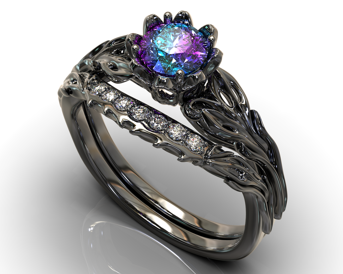 Black Gold Alexandrite Flower Wedding Ring Set