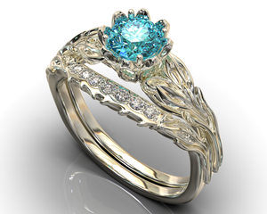 Unique Flower Blue Diamond Wedding Ring Set