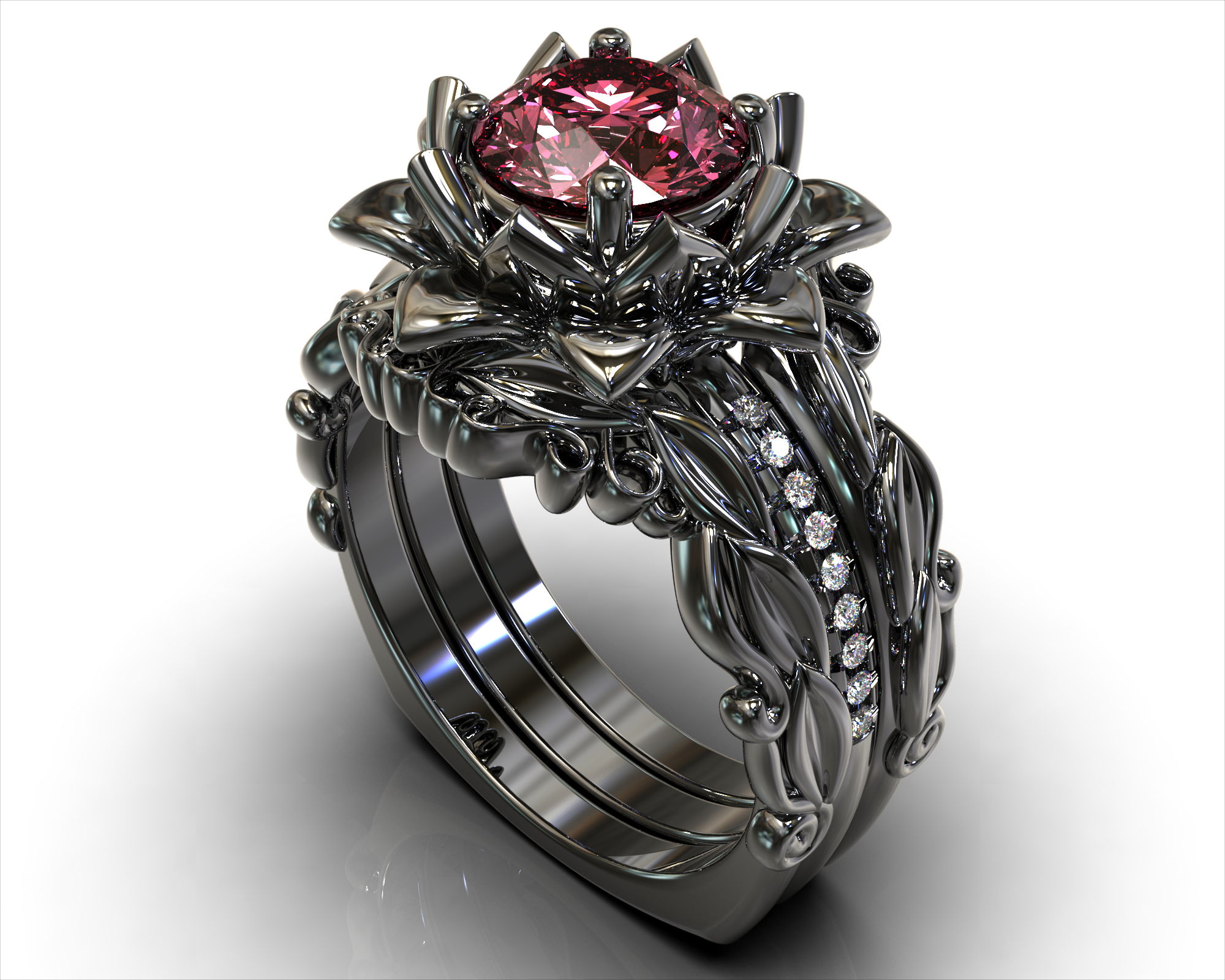 2.80ct Moissanite Black Diamond & Pink Sapphire Engagement Ring