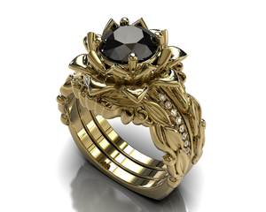 Black Diamond Flower Wedding Ring Set