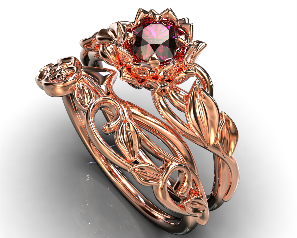 Flower Ruby Bridal Ring Set