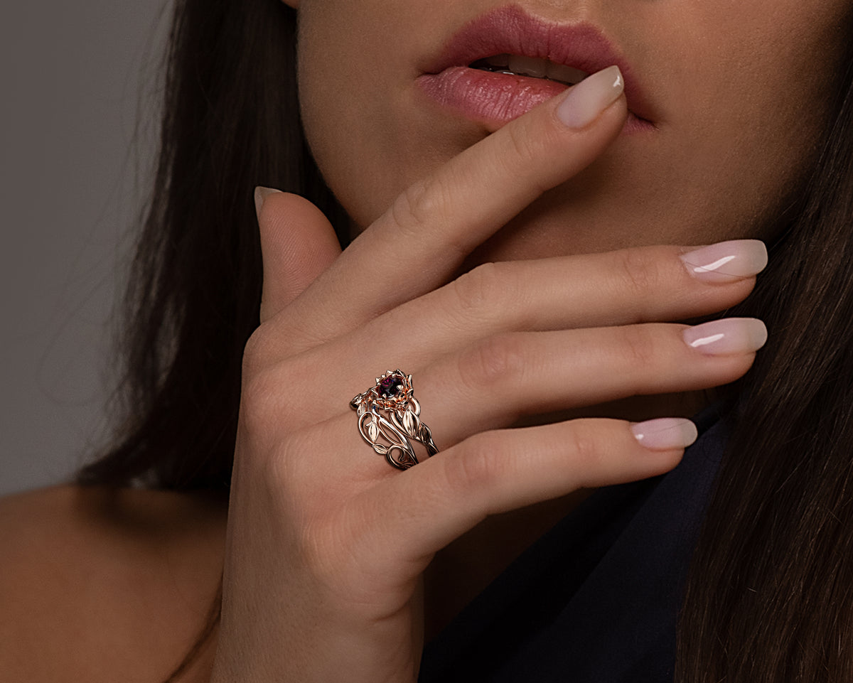 Flower Ruby Bridal Ring Set