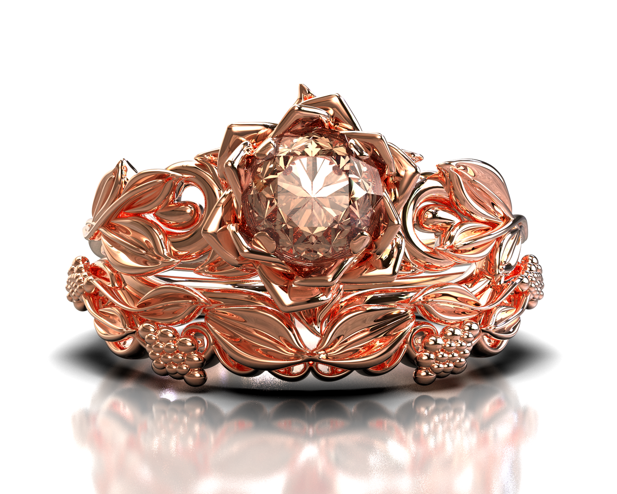 Unique Flower Morganite Rose Gold Bridal Set 