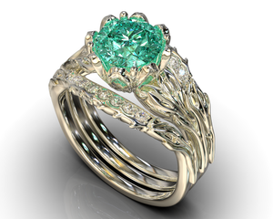 Aquamarine Flower Bridal Ring Set