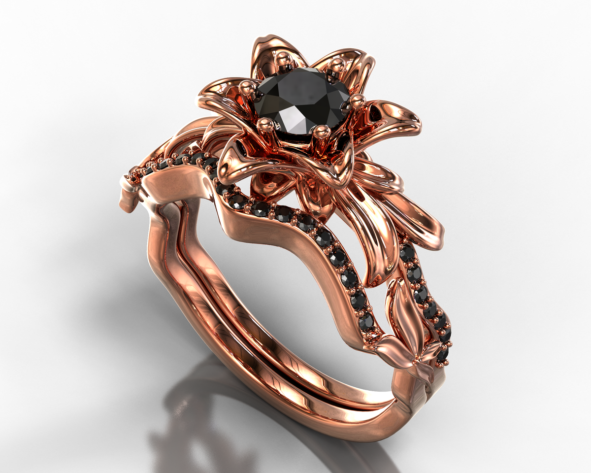 Lotus Flower Black Diamond Wedding Ring Set