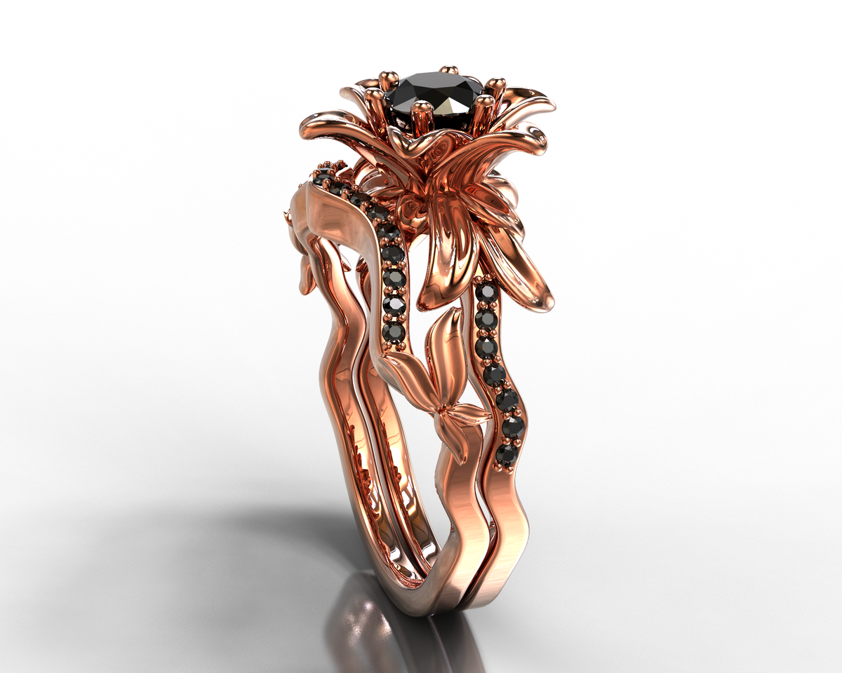 Lotus Flower Black Diamond Wedding Ring Set