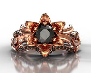 Lotus Flower Black Diamond Wedding Ring Set